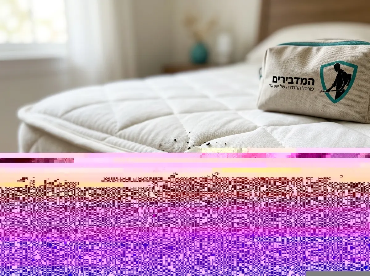 צילום תקריב מציאותי וחד של מזרן לבן עם סימנים שחורים קטנים בתפרים בדומה להפרשות פשפשים, תאורה טבעית של בוקר, פוקוס עמוק על קצה המזרן וטשטוש של הרקע