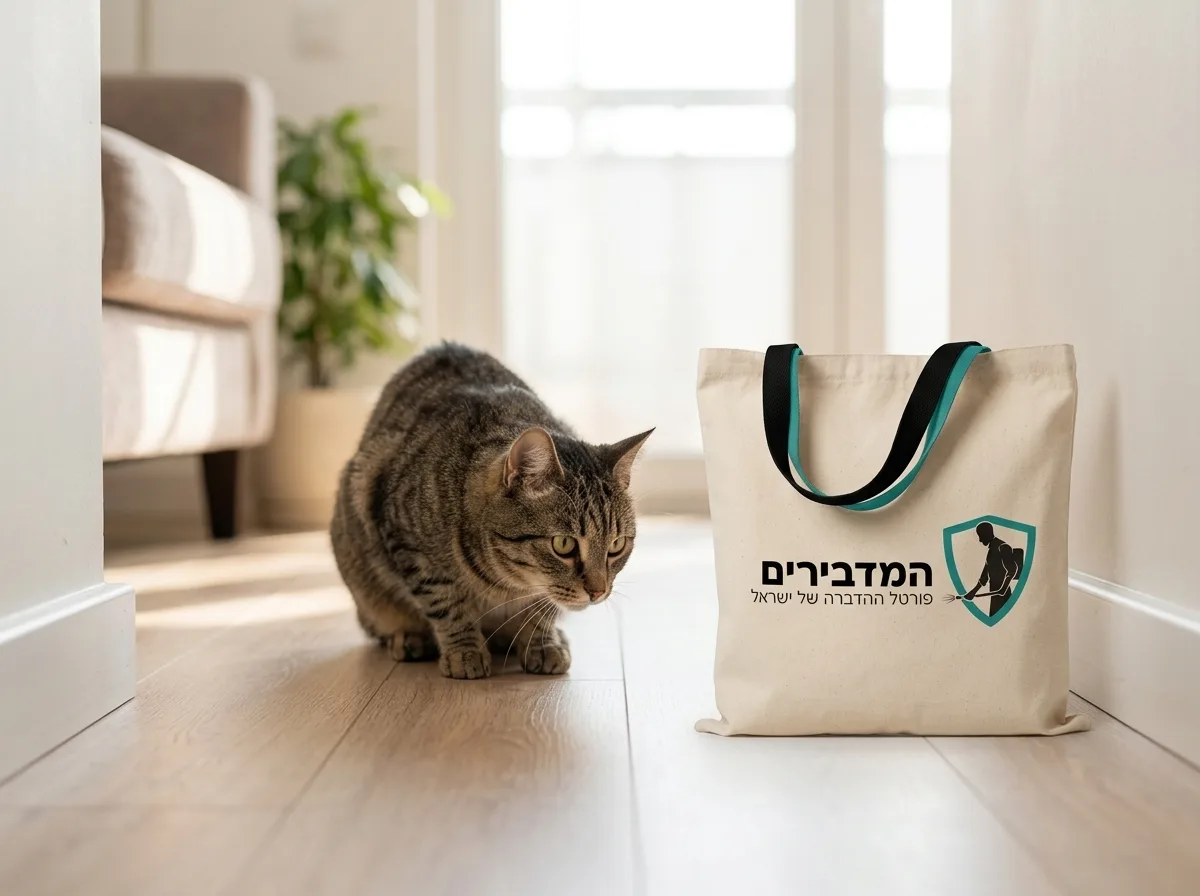 צילום ריאליסטי של חתול מביט בסקרנות על פאנל רצפה נקי בבית מואר, פוקוס חד על החתול ותאורה טבעית חמימה