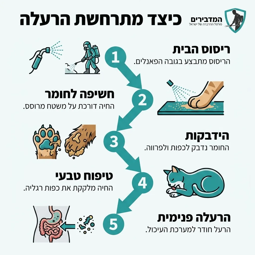 אינפוגרפיקה — כיצד מתרחשת הרעלה: ריסוס הבית, חשיפה לחומר, הידבקות, טיפוח טבעי, הרעלה פנימית