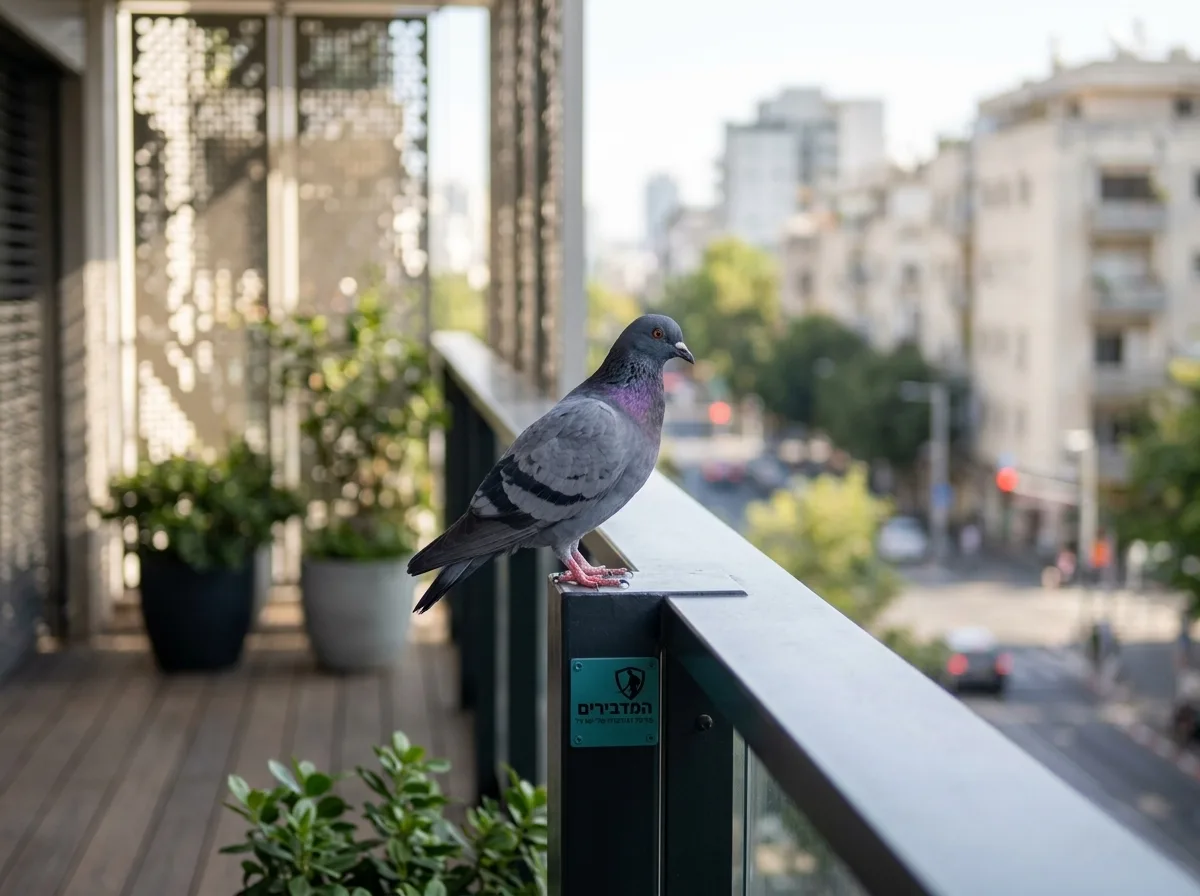 צילום פוטו-ריאליסטי ברזולוציה גבוהה של יונה עומדת על מעקה מתכת במרפסת שמש מודרנית, ברקע נוף עירוני מטושטש, תאורת יום טבעית, פוקוס חד על היונה והמעקה