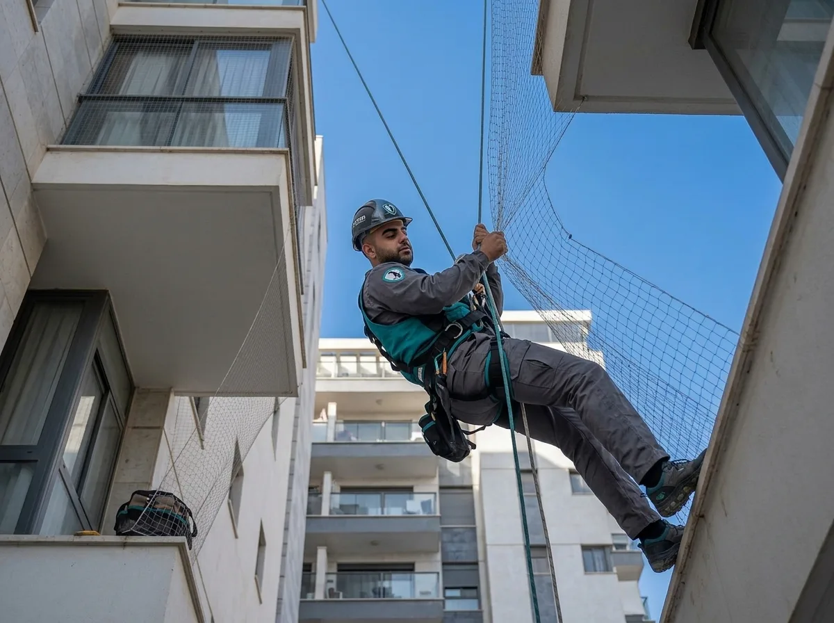 צילום מקצועי של איש צוות בחליפת עבודה רתומה בסנפלינג מתקין רשת שקופה למסתור כביסה בבניין רב קומות, זווית צילום מלמטה למעלה, שמיים כחולים ברקע