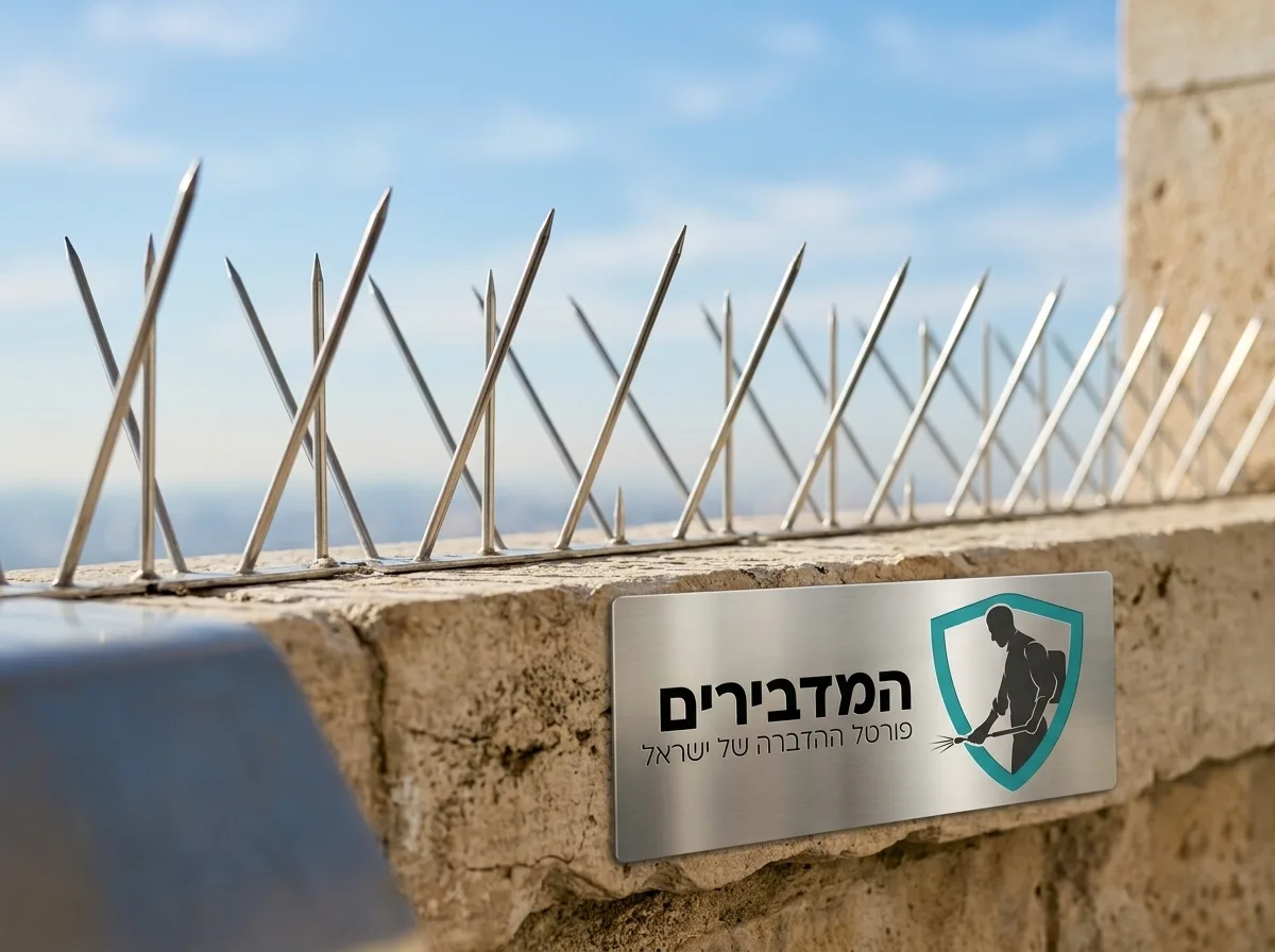 צילום תקריב ריאליסטי של דוקרני נירוסטה איכותיים מותקנים על אדן חלון אבן, השתקפות שמש קלה על הנירוסטה, ללא יונים בתמונה, רקע מטושטש של שמיים