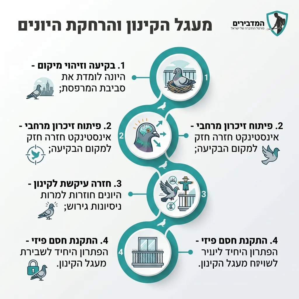 אינפוגרפיקה — מעגל הקינון והרחקת היונים: בקיעה וזיהוי מיקום, פיתוח זיכרון מרחבי, חזרה עיקשת לקינון, התקנת חסם פיזי