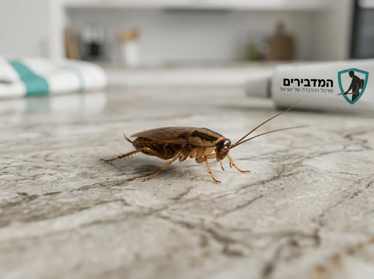 צילום תקריב מציאותי של תיקן גרמני קטן על שיש מטבח, תאורה טבעית חדה המבליטה את שני הפסים הכהים על ראשו, פוקוס חד, עומק שדה רדוד