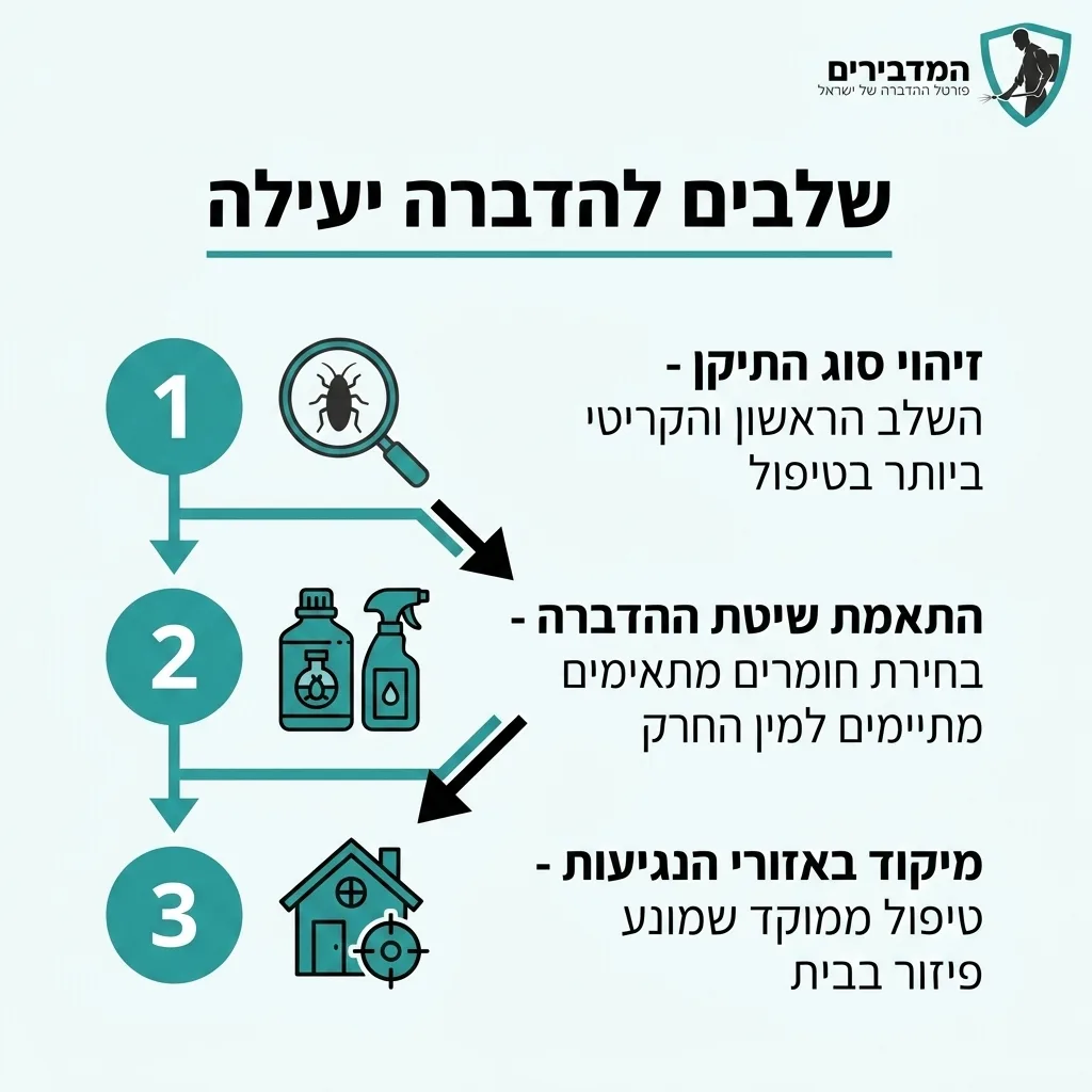 אינפוגרפיקה — שלבים להדברה יעילה: זיהוי סוג התיקן, התאמת שיטת ההדברה, מיקוד באזורי הנגיעות