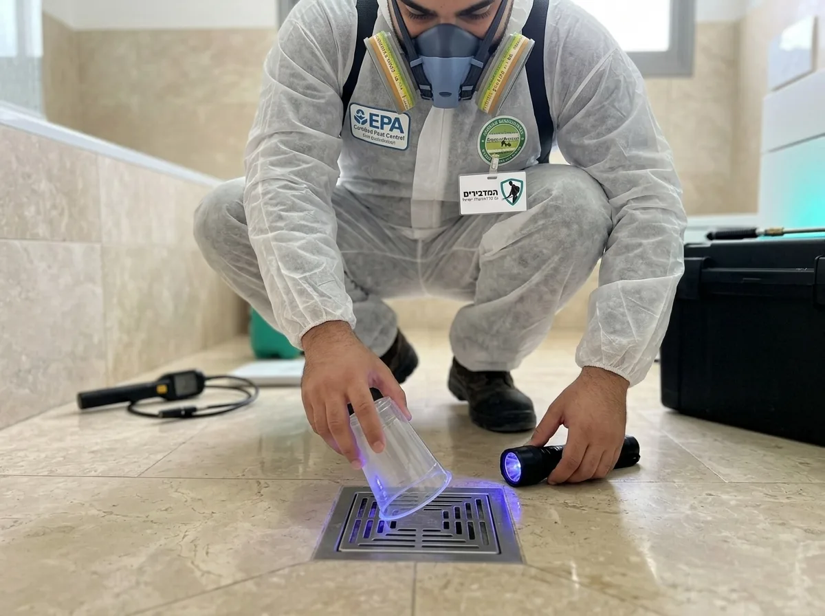 צילום ריאליסטי של אדם הופך כוס פלסטיק שקופה מעל פתח ניקוז נירוסטה ברצפת חדר רחצה, פעולה של בדיקה ואבחון ביתי