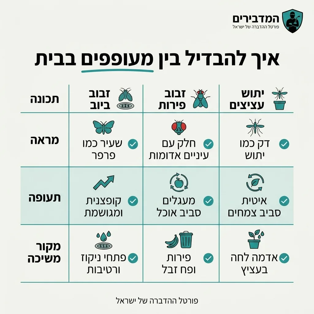 אינפוגרפיקה — איך להבדיל בין מעופפים בבית: השוואה בין זבוב ביוב, זבוב פירות, יתוש עציצים