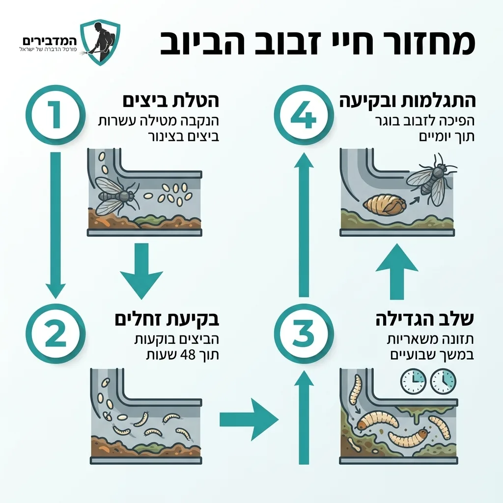 אינפוגרפיקה — מחזור חיי זבוב הביוב: הטלת ביצים, בקיעת זחלים, שלב הגדילה, התגלמות ובקיעה