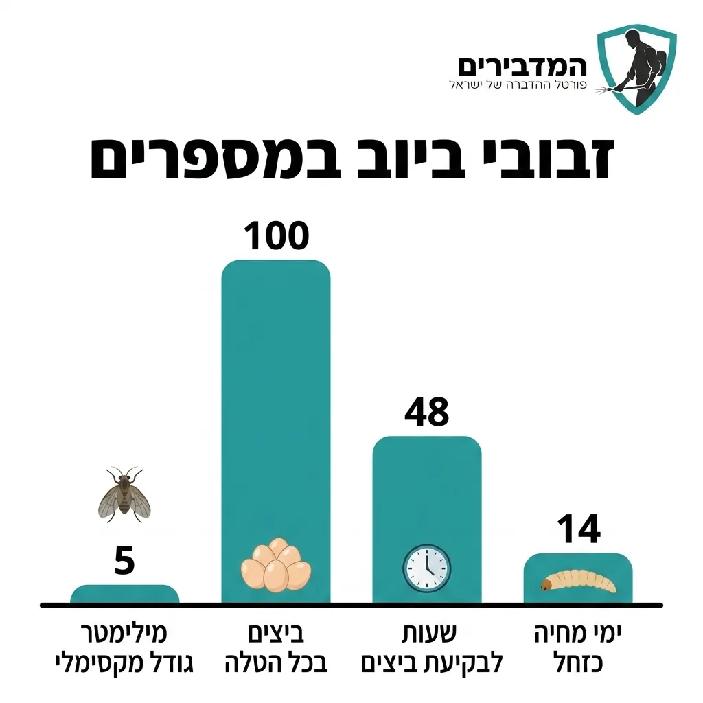 אינפוגרפיקה — זבובי ביוב במספרים: מילימטר גודל מקסימלי, ביצים בכל הטלה, שעות לבקיעת ביצים, ימי מחיה כזחל