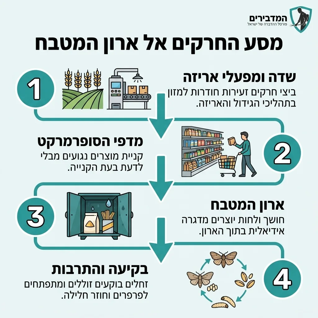 אינפוגרפיקה — מסע החרקים אל ארון המטבח: שדה ומפעלי אריזה, מדפי הסופרמרקט, ארון המטבח, בקיעה והתרבות