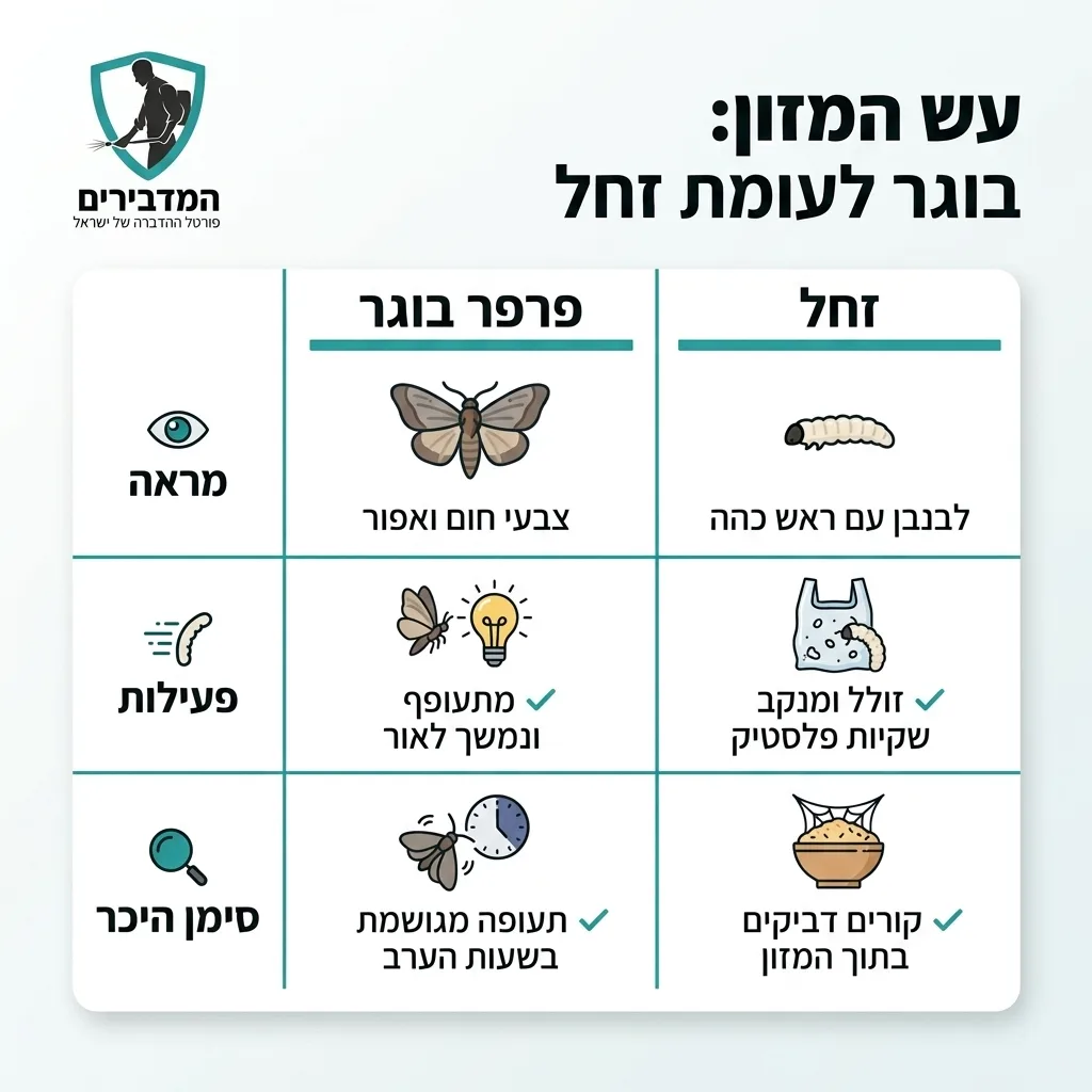 אינפוגרפיקה — עש המזון: בוגר לעומת זחל: השוואה בין פרפר בוגר, זחל