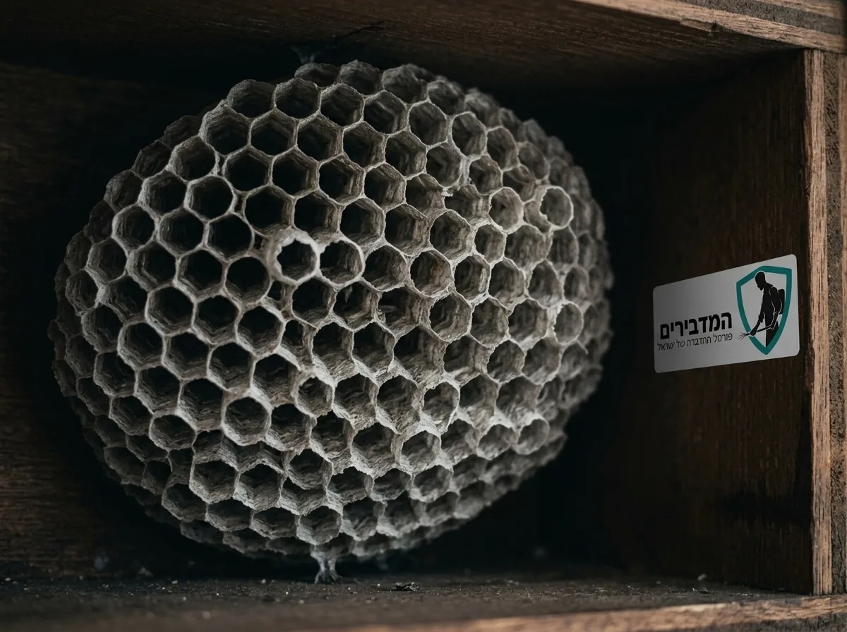 צילום תקריב מציאותי של קן צרעות אפור עשוי תאית בתוך חלל חשוך של ארגז תריס גלילה, פרטים חדים של המבנה המורכב דמוי חלת דבש