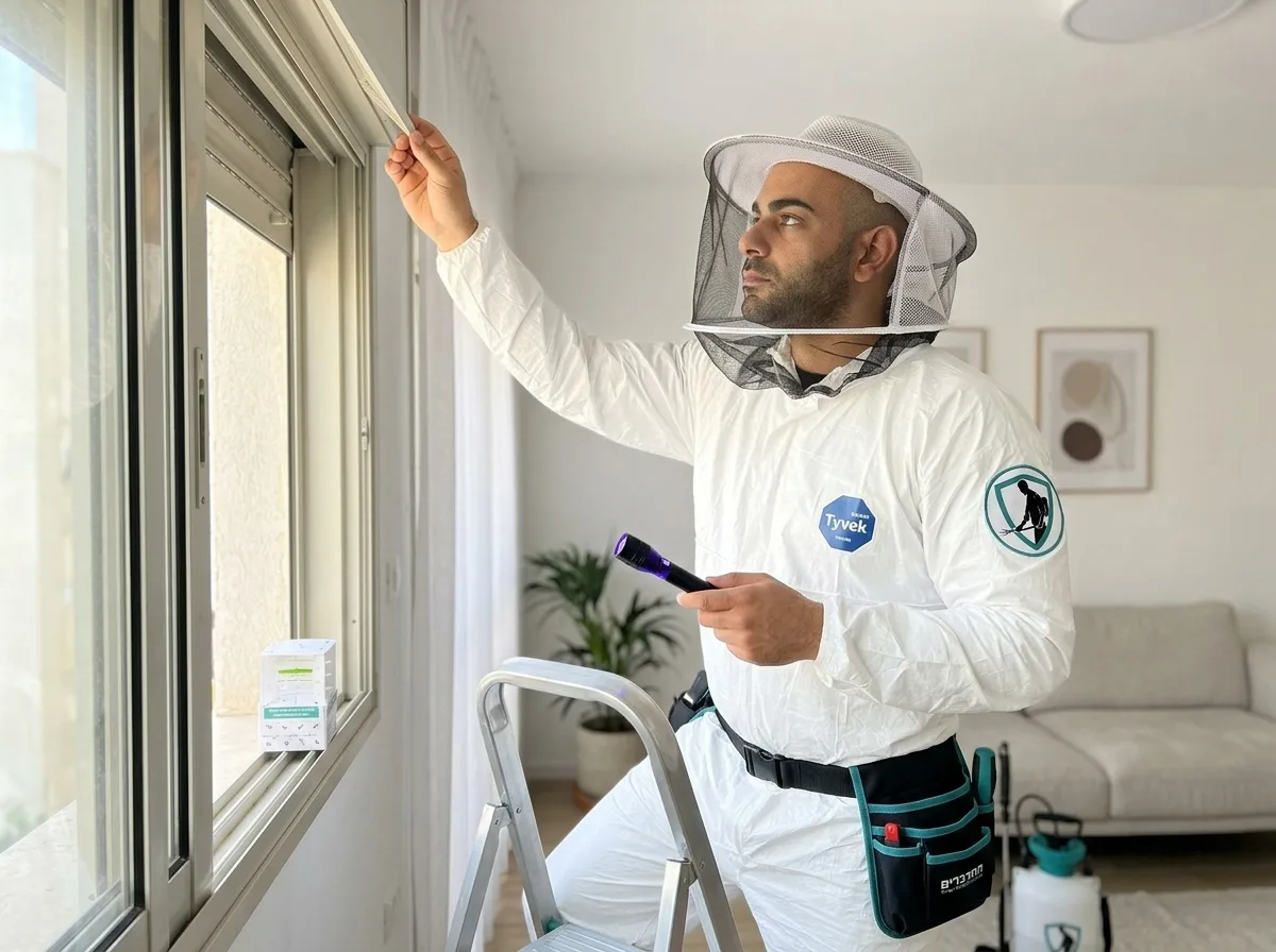 צילום מציאותי של מדביר מקצועי לבוש בחליפת מגן לבנה מלאה וכובע רשת, עומד על סולם קטן בתוך דירה ובוחן ארגז תריס, תאורה טבעית