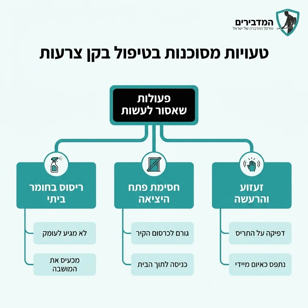 אינפוגרפיקה — טעויות מסוכנות בטיפול בקן צרעות: פעולות שאסור לעשות