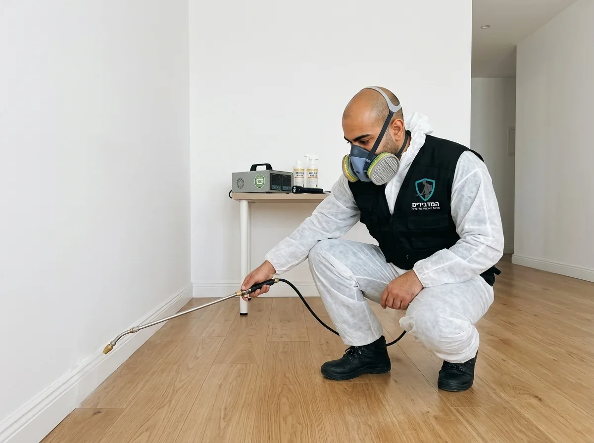 צילום ריאליסטי של מדביר מקצועי לבוש בגדי עבודה ומסכת מגן קלה, מרסס לאורך פאנלים לבנים בתוך דירה ריקה ונקייה