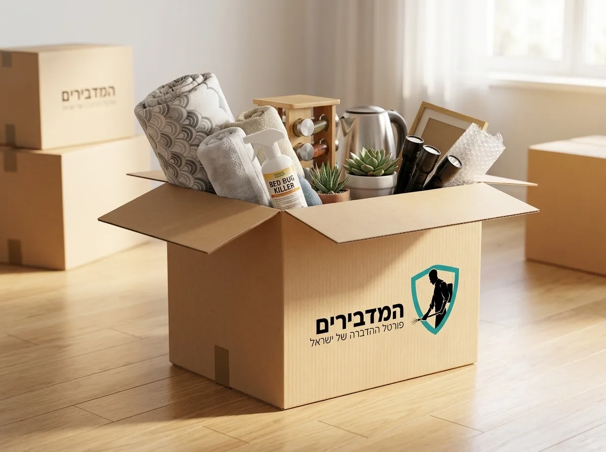 צילום ריאליסטי של ארגז קרטון חצי פתוח עם ציוד ביתי בפנים, מונח על רצפה נקייה, המדגיש את המעבר לדירה החדשה