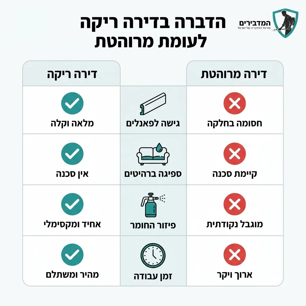 אינפוגרפיקה — הדברה בדירה ריקה לעומת מרוהטת: השוואה בין דירה ריקה, דירה מרוהטת