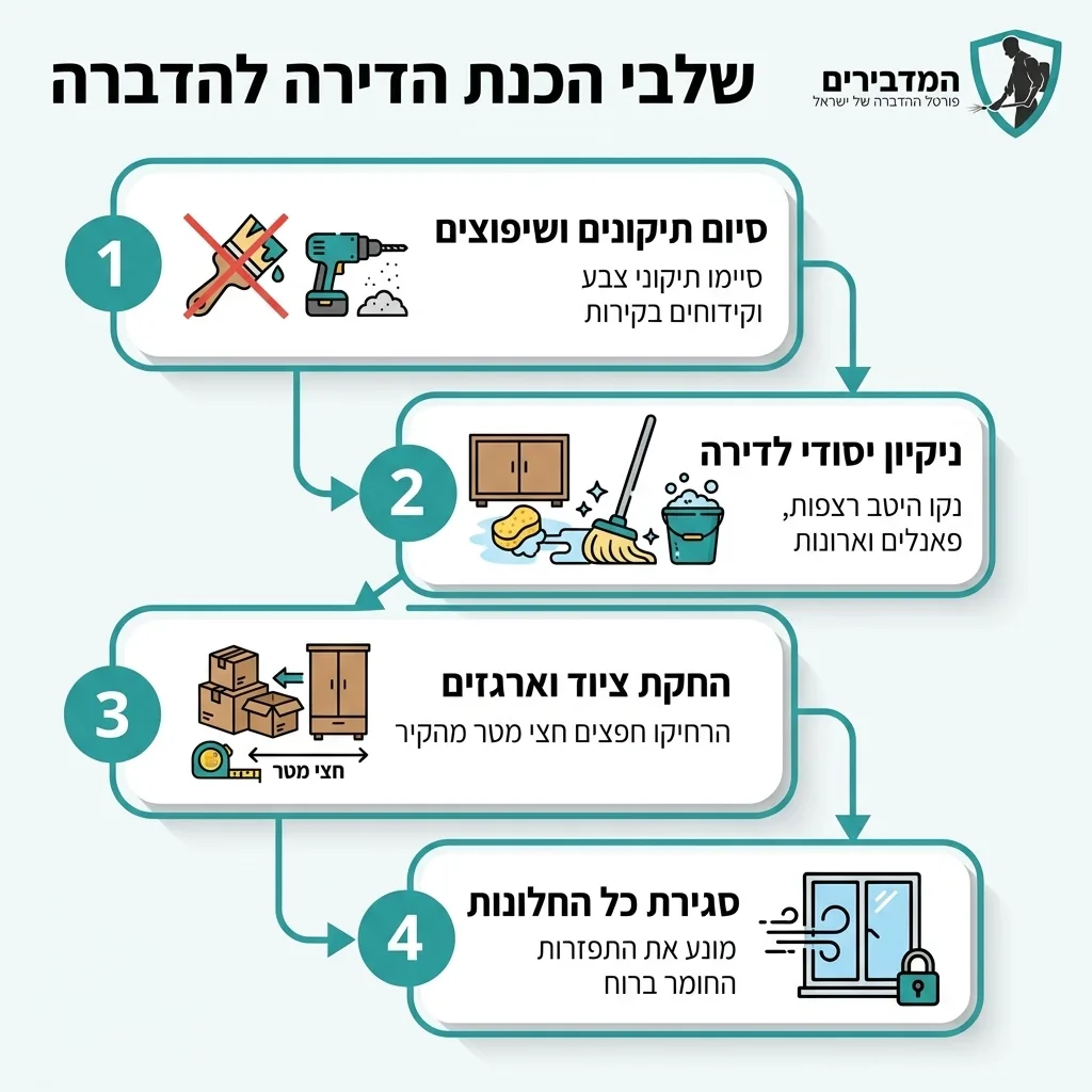 אינפוגרפיקה — שלבי הכנת הדירה להדברה: סיום תיקונים ושיפוצים, ניקיון יסודי לדירה, הרחקת ציוד וארגזים, סגירת כל החלונות