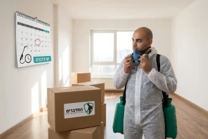 דירה מוארת וריקה מרהיטים, עם ארגזי קרטון סגורים ואייקון של לוח שנה המציין 'יום הדברה'.