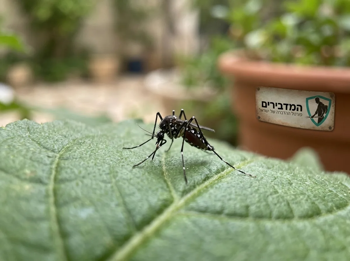 צילום קלוז-אפ מציאותי של יתוש שחור עם פסים לבנים על עלה ירוק בחצר, פוקוס חד על היתוש, עומק שדה רדוד באור יום טבעי