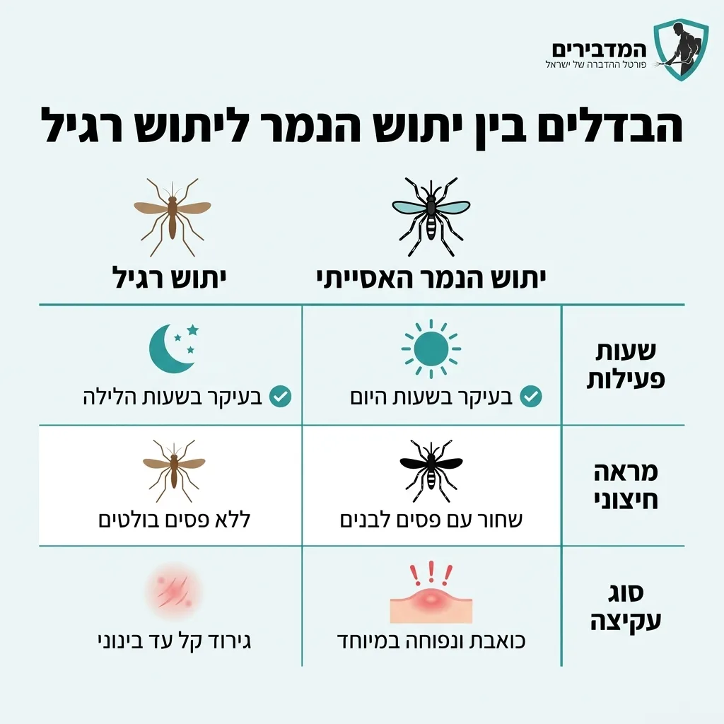 אינפוגרפיקה — הבדלים בין יתוש הנמר ליתוש רגיל: השוואה בין נמר אסייתי, יתוש רגיל