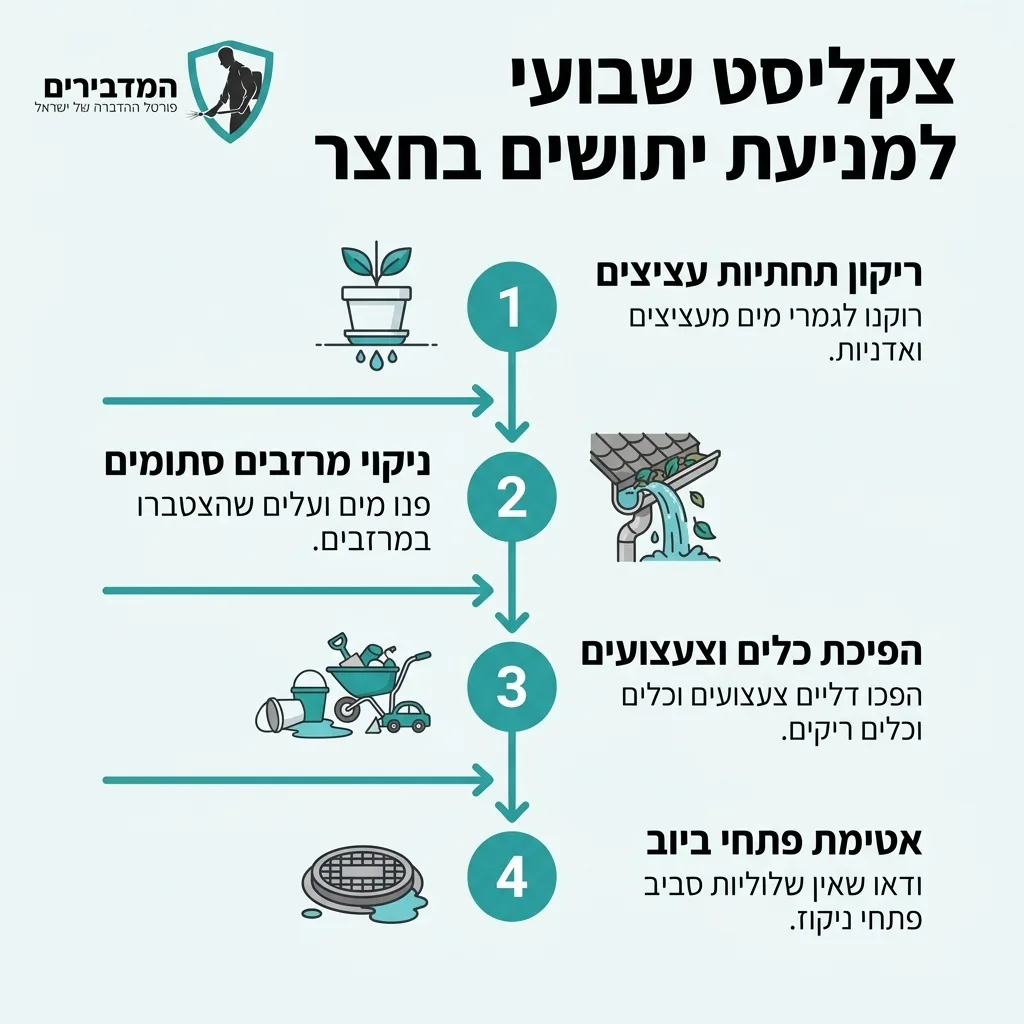 אינפוגרפיקה — צקליסט שבועי למניעת יתושים בחצר: ריקון תחתיות עציצים, ניקוי מרזבים סתומים, הפיכת כלים וצעצועים, אטימת פתחי ביוב