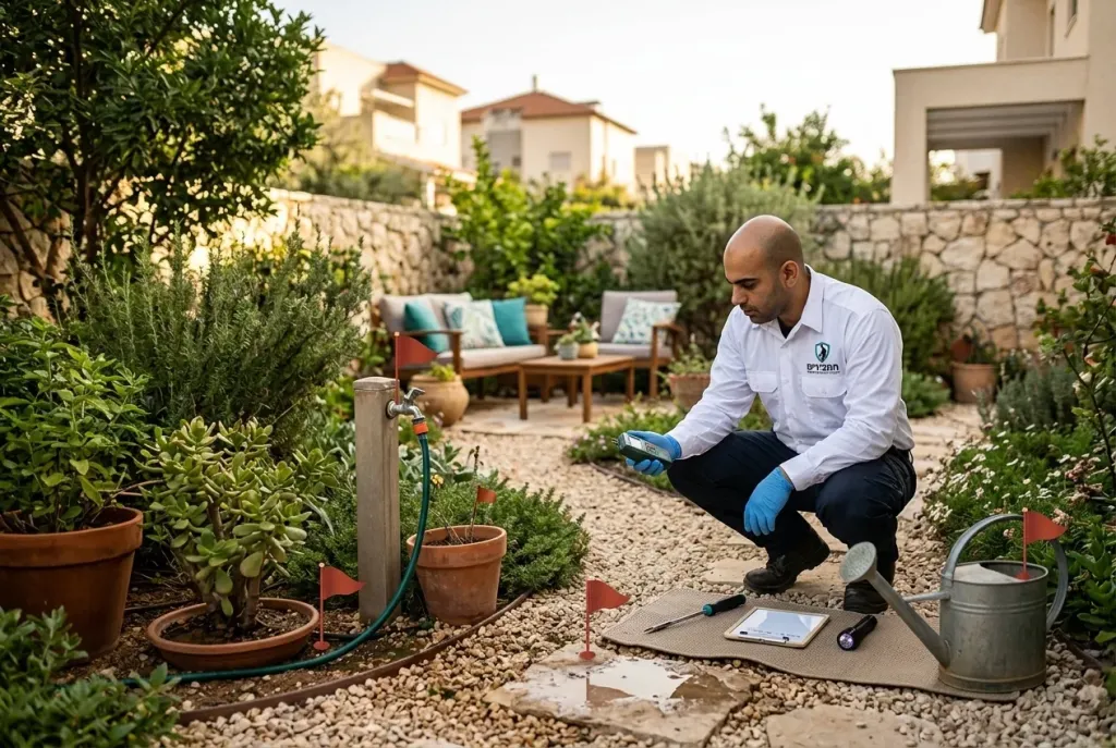 איור של גינה עם נקודות אדומות המציינות מוקדי מים עומדים שיש לייבש.