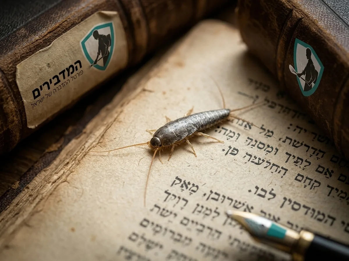 צילום תקריב ריאליסטי של דג כסף על גבי דף של ספר ישן וצהבהב, תאורה טבעית חלשה המדגישה את הצבע הכסוף של החרק, פוקוס חד על החרק וטשטוש של הרקע.
