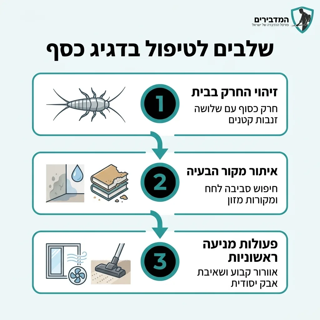 אינפוגרפיקה — שלבים לטיפול בדג כסף: זיהוי החרק בבית, איתור מקור הבעיה, פעולות מניעה ראשוניות