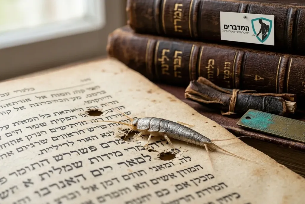 דגיג כסף מצולם על גבי דף ספר ישן וצהבהב, כדי להמחיש את הנזק שהוא מחפש.