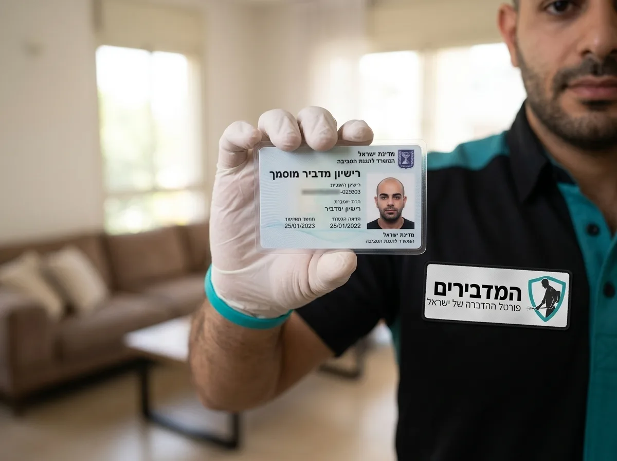 צילום תקריב של יד אוחזת בתעודת רישיון מדביר מול מצלמה, רקע מטושטש של סלון ביתי, פוקוס חד על עצם ההצגה של התעודה