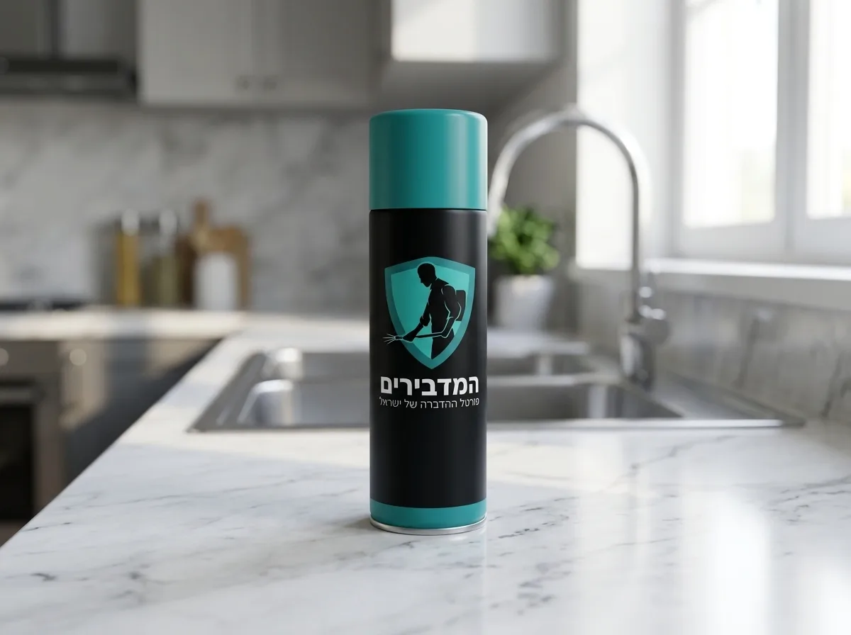 צילום איכותי של פחית תרסיס הדברה סטנדרטית מונחת על שיש במטבח, מוארת באור יום טבעי, ברקע מטושטש רואים כיור נקי