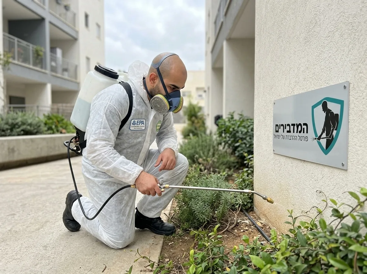 צילום פוטו-ריאליסטי של מדביר מקצועי בחליפת מגן קלה מרסס לאורך קירות וצמחייה נמוכה בחצר בניין, משתמש במרסס גב תקני, תאורת יום טבעית