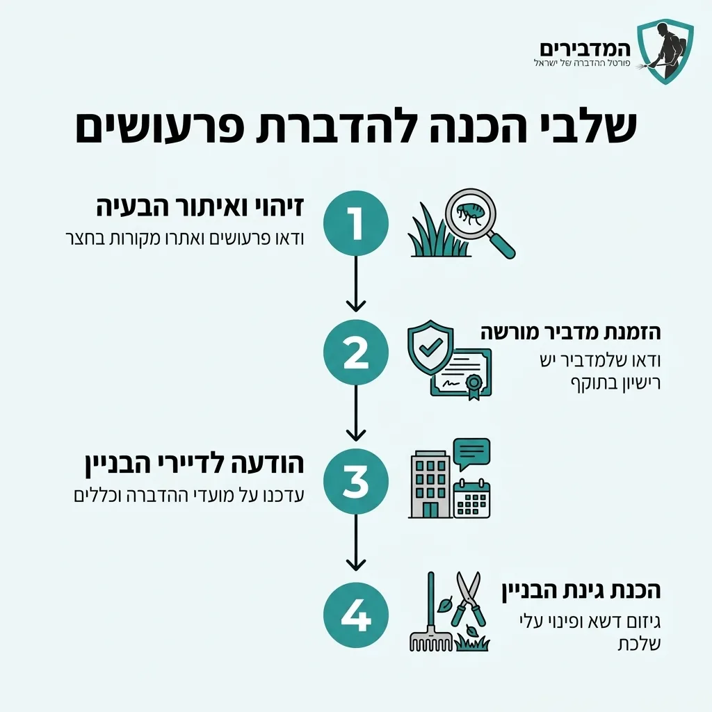 אינפוגרפיקה — שלבי הכנה להדברת פרעושים: זיהוי ואיתור הבעיה, הזמנת מדביר מורשה, הודעה לדיירי הבניין, הכנת גינת הבניין