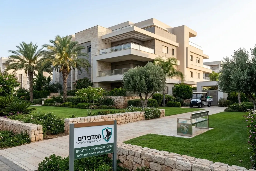 בניין מגורים משותף המוקף בגינה ירוקה עם כיתוב המעיד על סביבה מוגנת ונקייה.