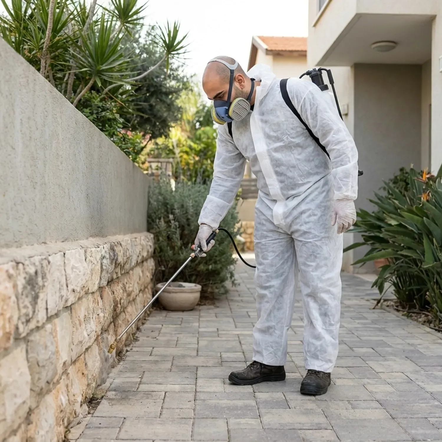 צילום מקצועי פוטו-ריאליסטי של מדביר ישראלי בלבוש עבודה חלק ללא כיתוב או לוגו, מרכיב כפפות מגן ומרסס באמצעות מרסס גב ידני את החיבור בין הקיר החיצוני למדרכה בחצר בית קרקע בישראל, תאורה טבעית