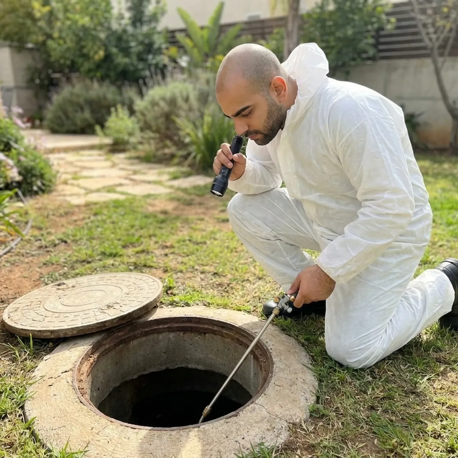 צילום מקצועי פוטו-ריאליסטי של מדביר ישראלי בלבוש עבודה חלק ללא לוגו, כורע בחצר בית פרטי ובודק פתח של שוחת ביוב פתוחה, אור יום טבעי